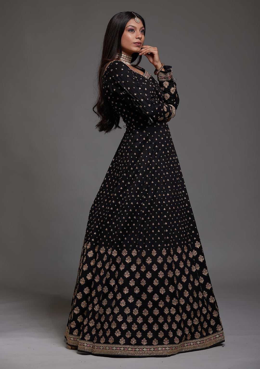 Black Stonework Raw Silk Designer Anarkali Suit-Koskii