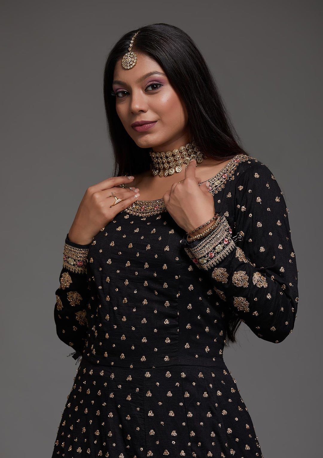 Black Stonework Raw Silk Designer Anarkali Suit-Koskii