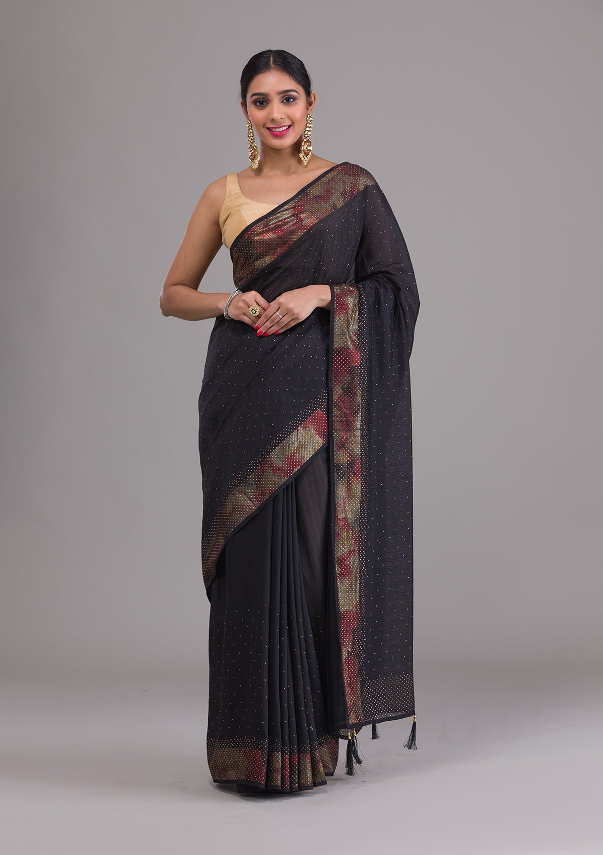 Black Stonework Raw Silk Saree-Koskii