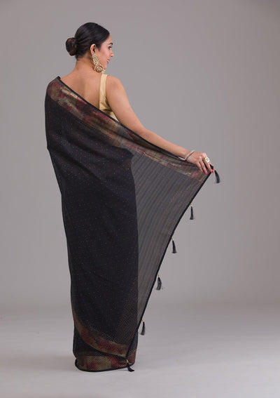 Black Stonework Raw Silk Saree-Koskii