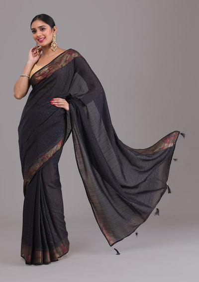 Black Stonework Raw Silk Saree-Koskii