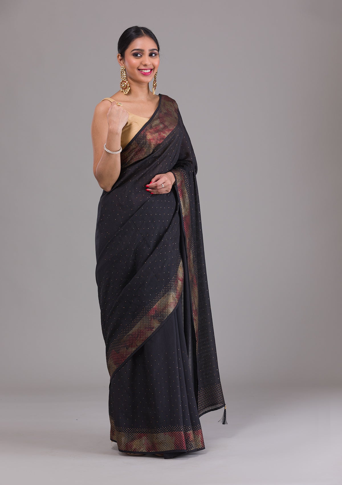 Black Stonework Raw Silk Saree-Koskii