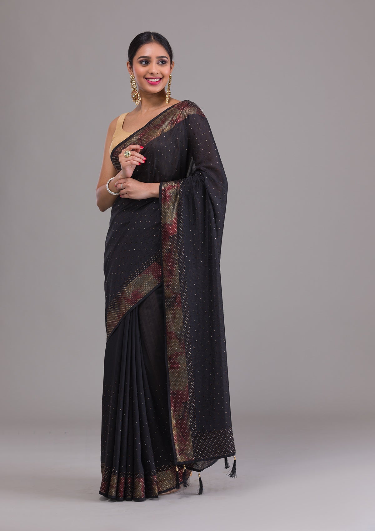 Black Stonework Raw Silk Saree-Koskii