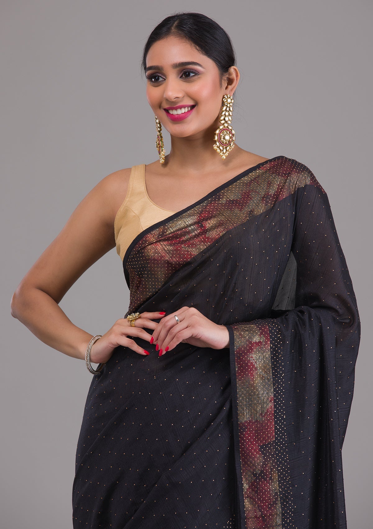 Black Stonework Raw Silk Saree-Koskii