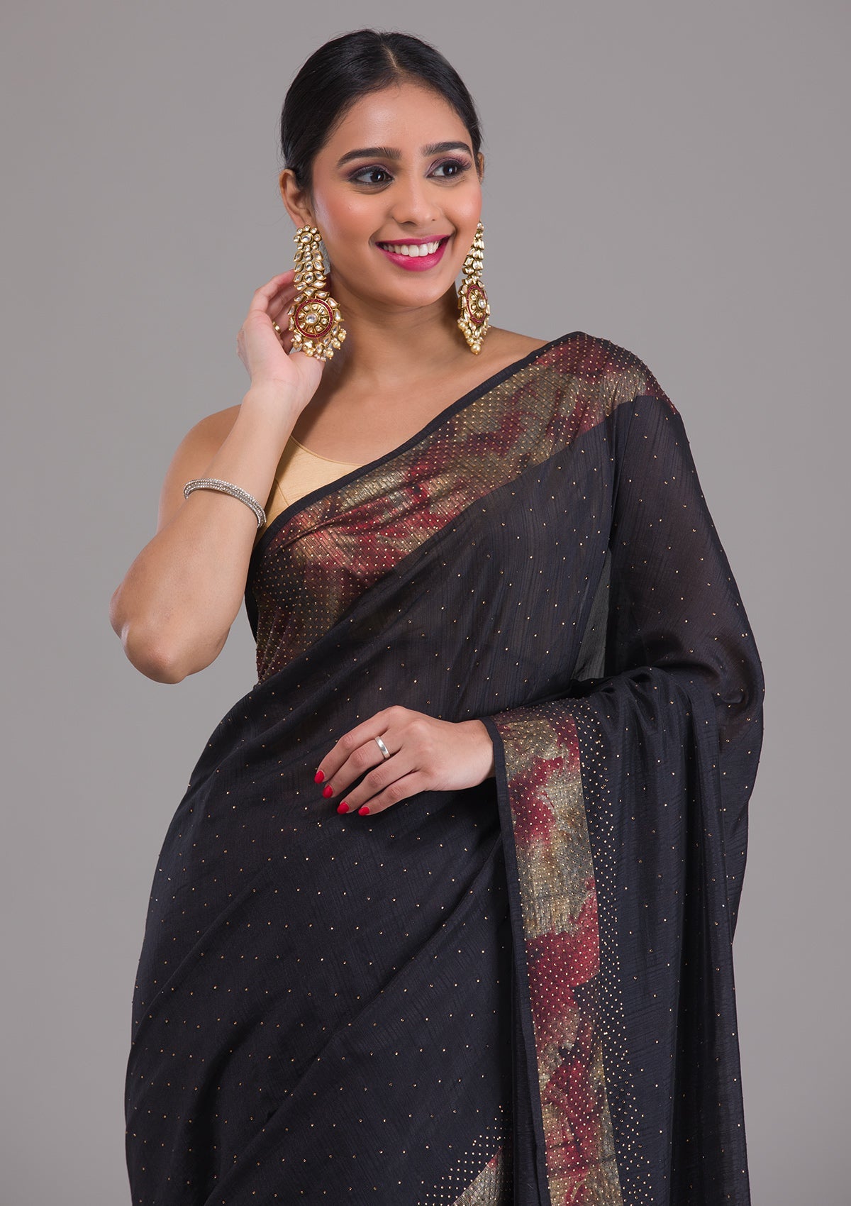 Black Stonework Raw Silk Saree-Koskii