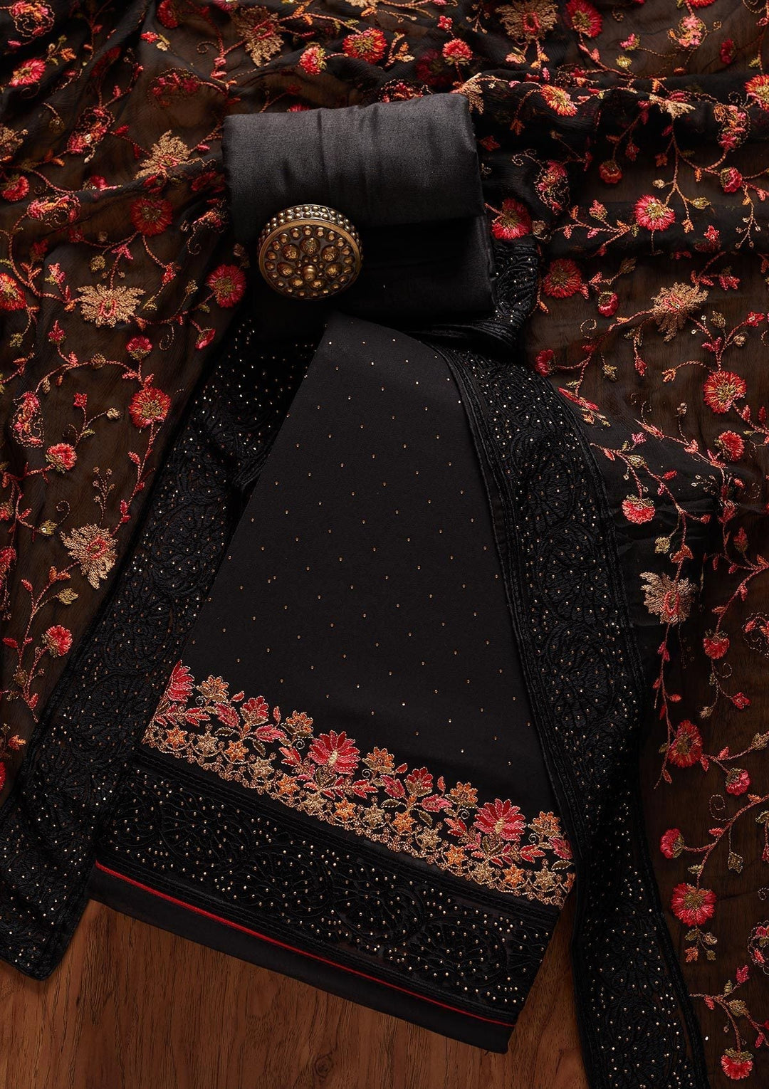 Black Swarovski Georgette Designer Unstitched Salwar Suit - koskii