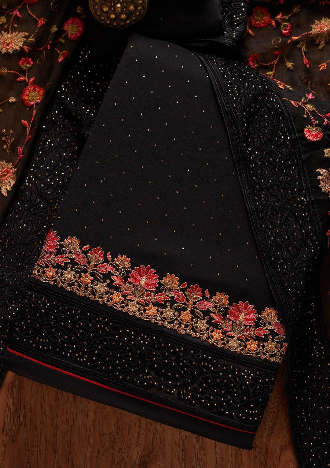 Black Swarovski Georgette Designer Unstitched Salwar Suit - koskii