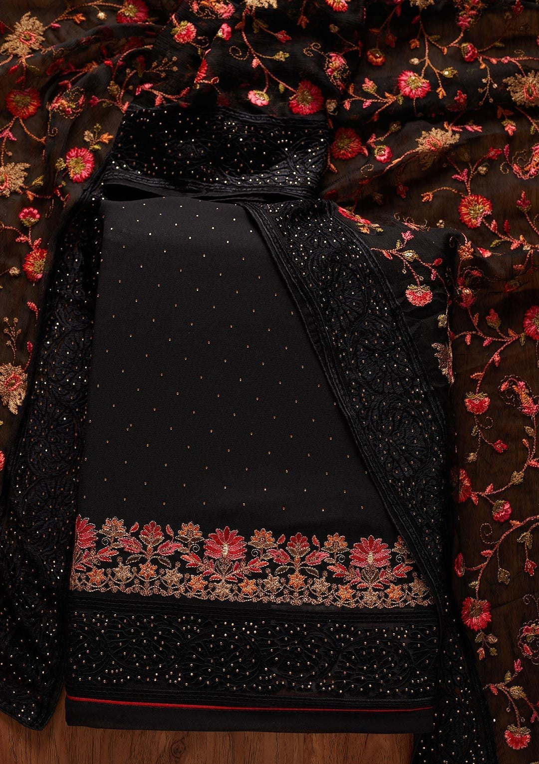 Black Swarovski Georgette Designer Unstitched Salwar Suit - koskii
