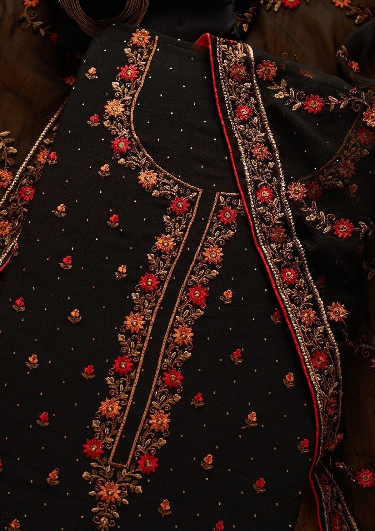 Black Swarovski Georgette Designer Unstitched Salwar Suit - koskii