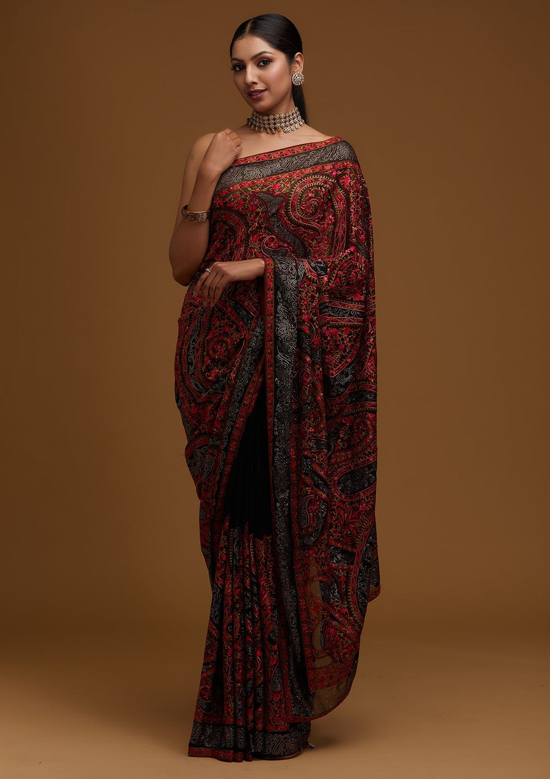 Black Swarovski Georgette Designer Saree - Koskii