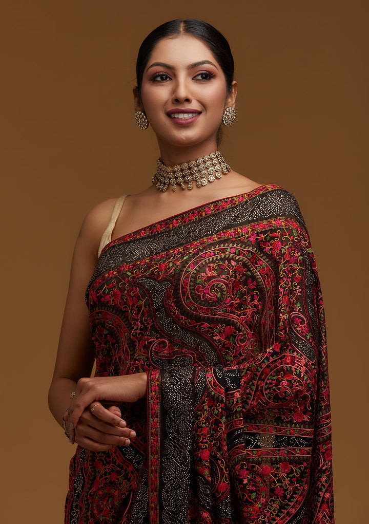 Black Swarovski Georgette Designer Saree - Koskii