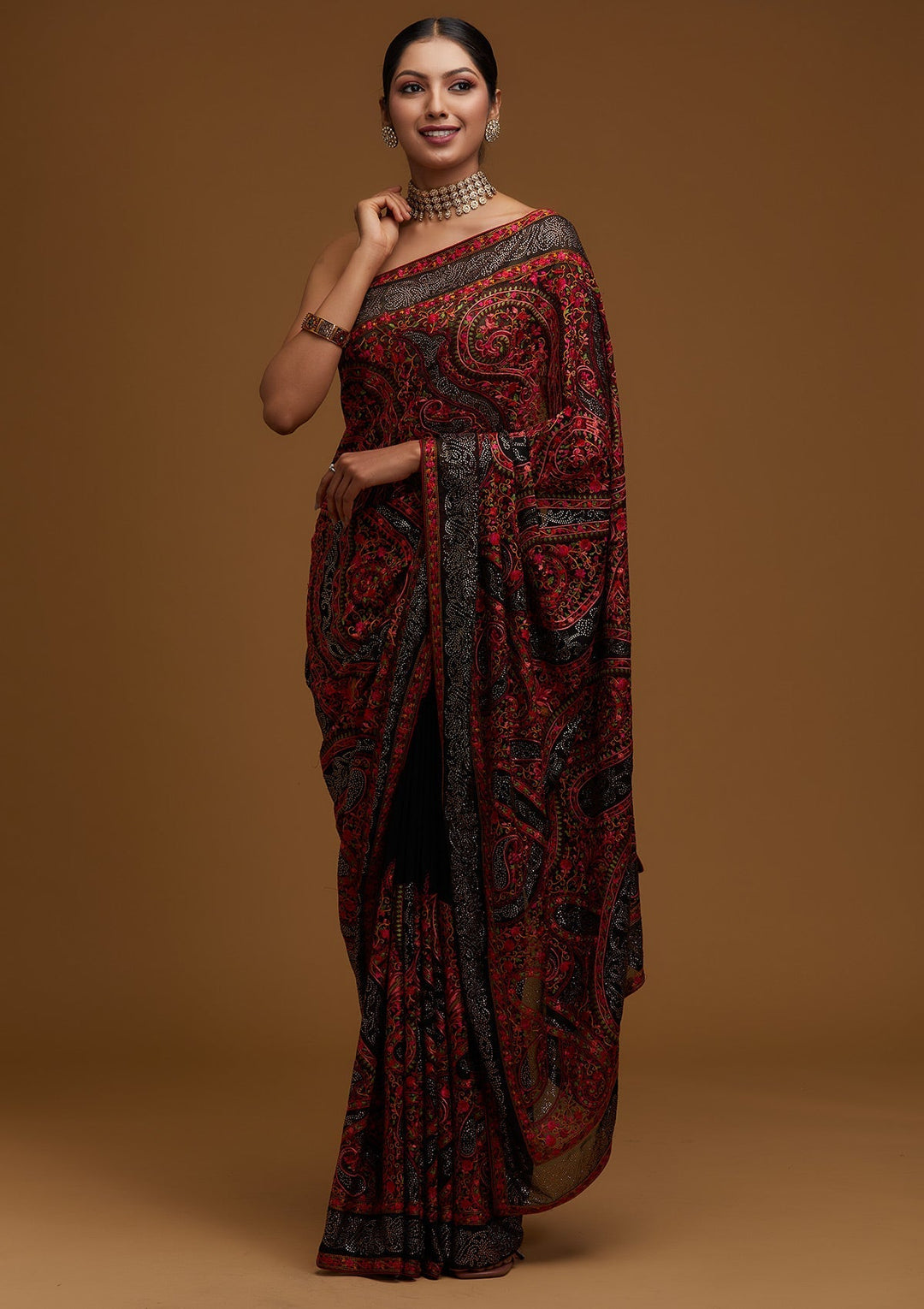 Black Swarovski Georgette Designer Saree - Koskii