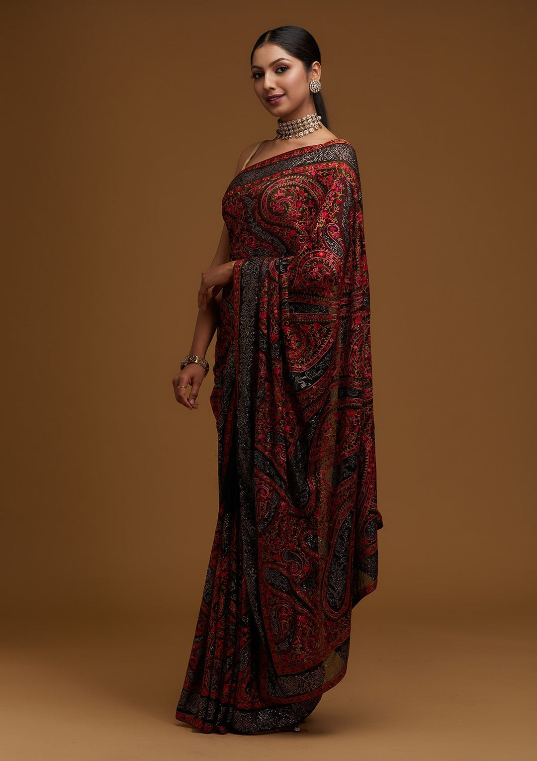 Black Swarovski Georgette Designer Saree - Koskii