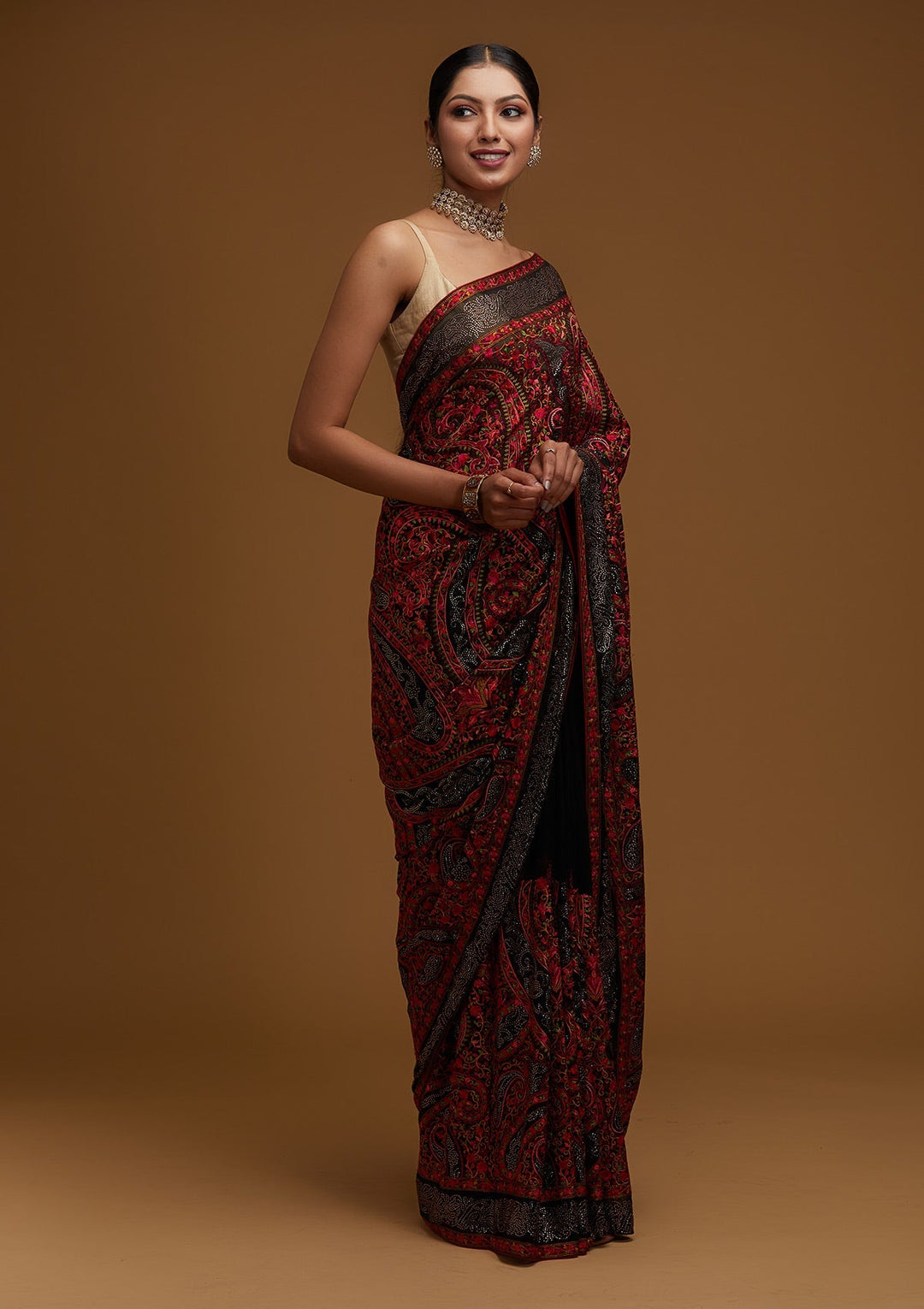 Black Swarovski Georgette Designer Saree - Koskii