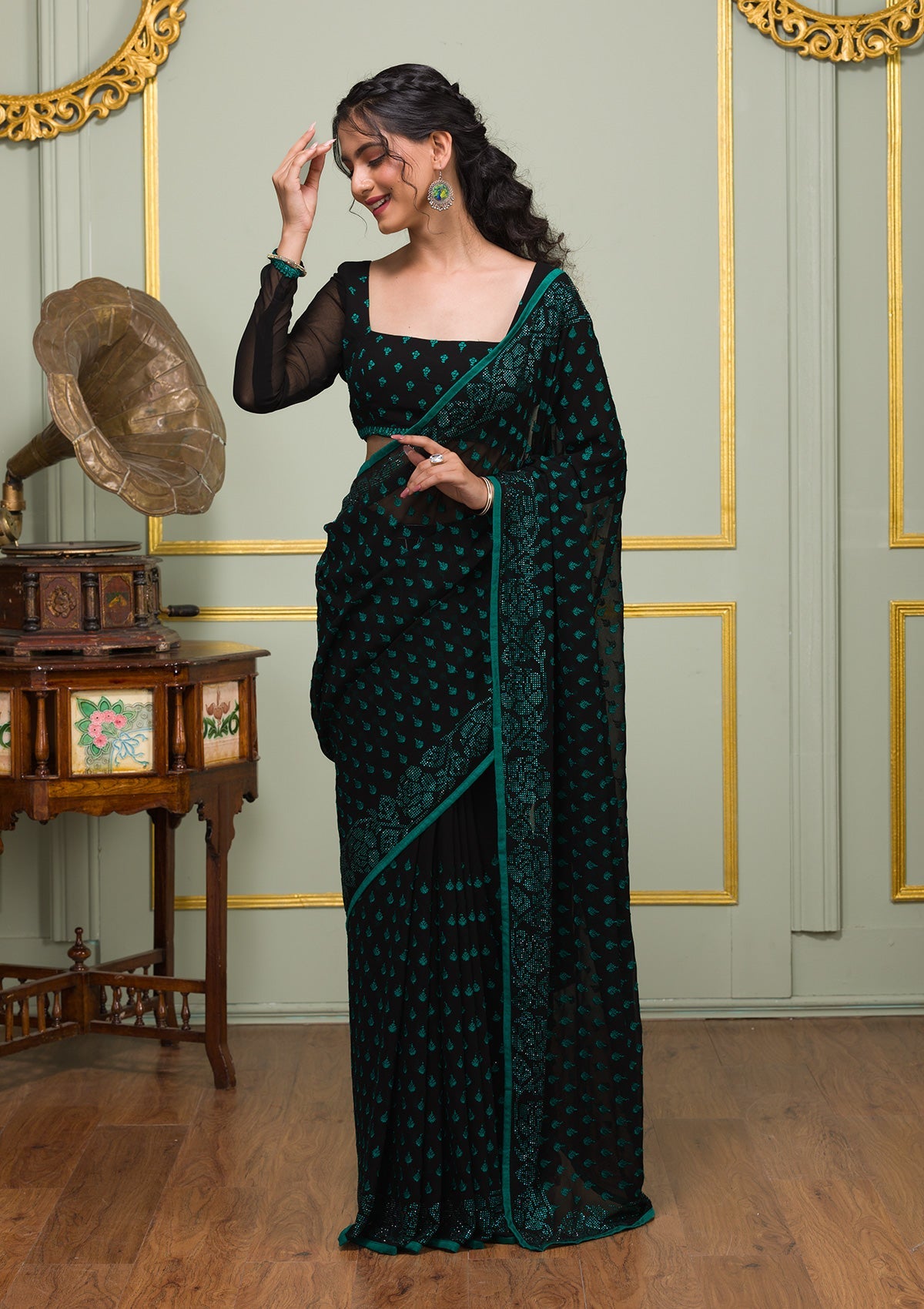 Rama Green Swarovski Georgette Saree-Koskii