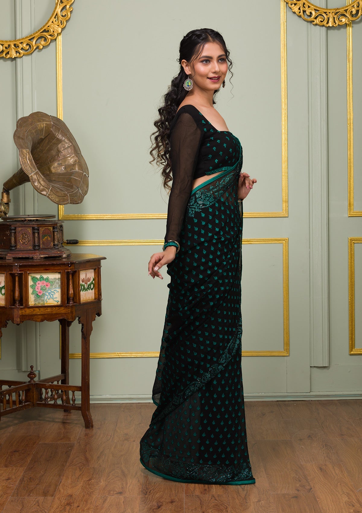 Rama Green Swarovski Georgette Saree-Koskii