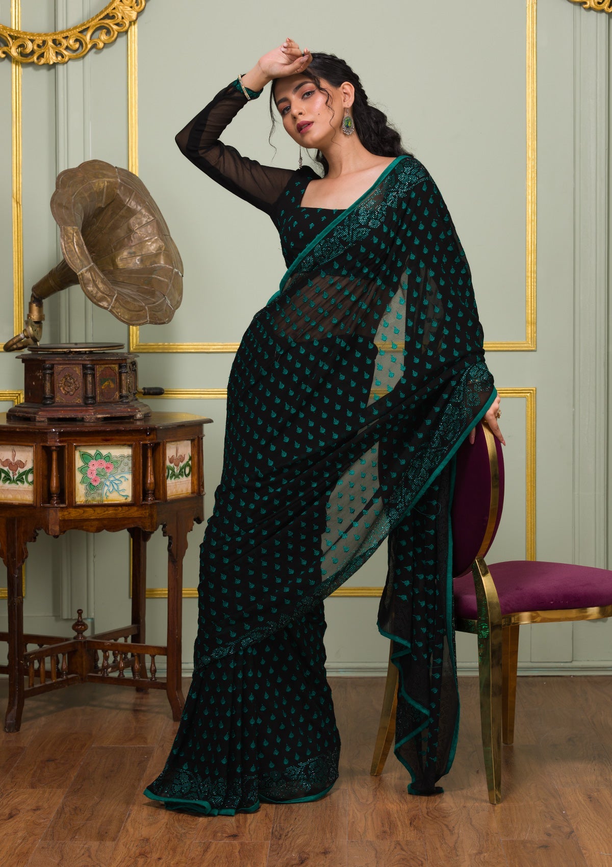 Rama Green Swarovski Georgette Saree-Koskii