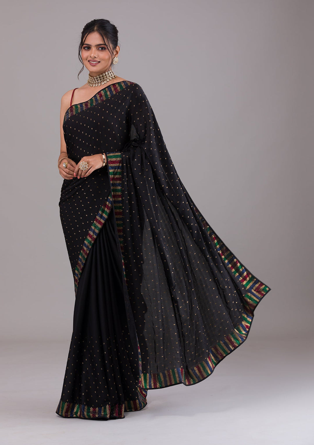 Black Swarovski Satin Saree-Koskii