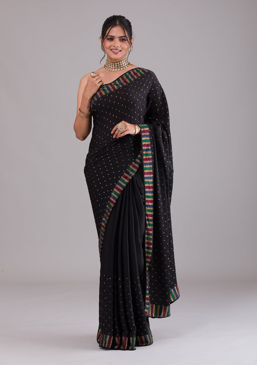 Black Swarovski Satin Saree-Koskii