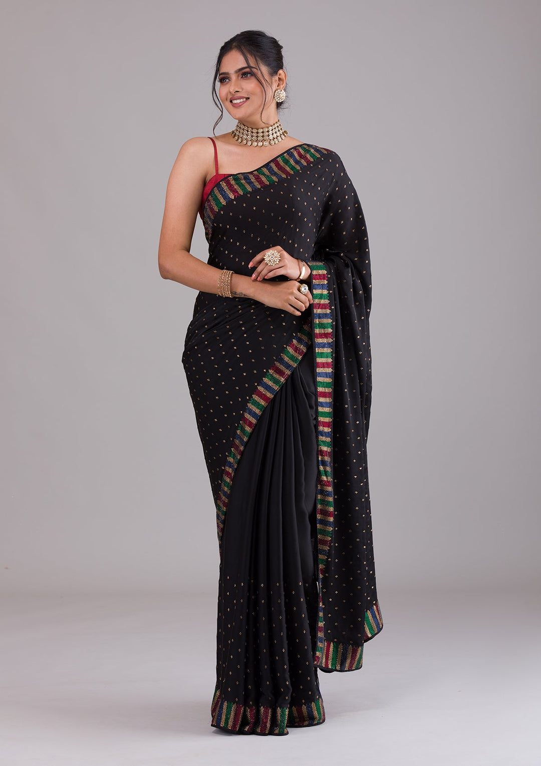 Black Swarovski Satin Saree-Koskii