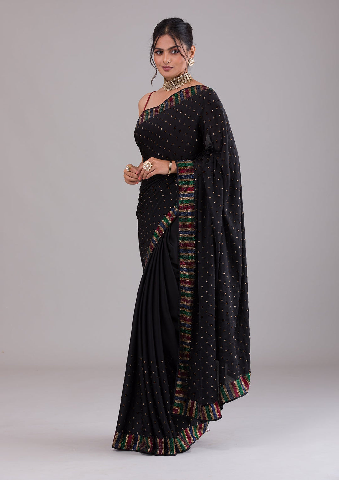 Black Swarovski Satin Saree-Koskii