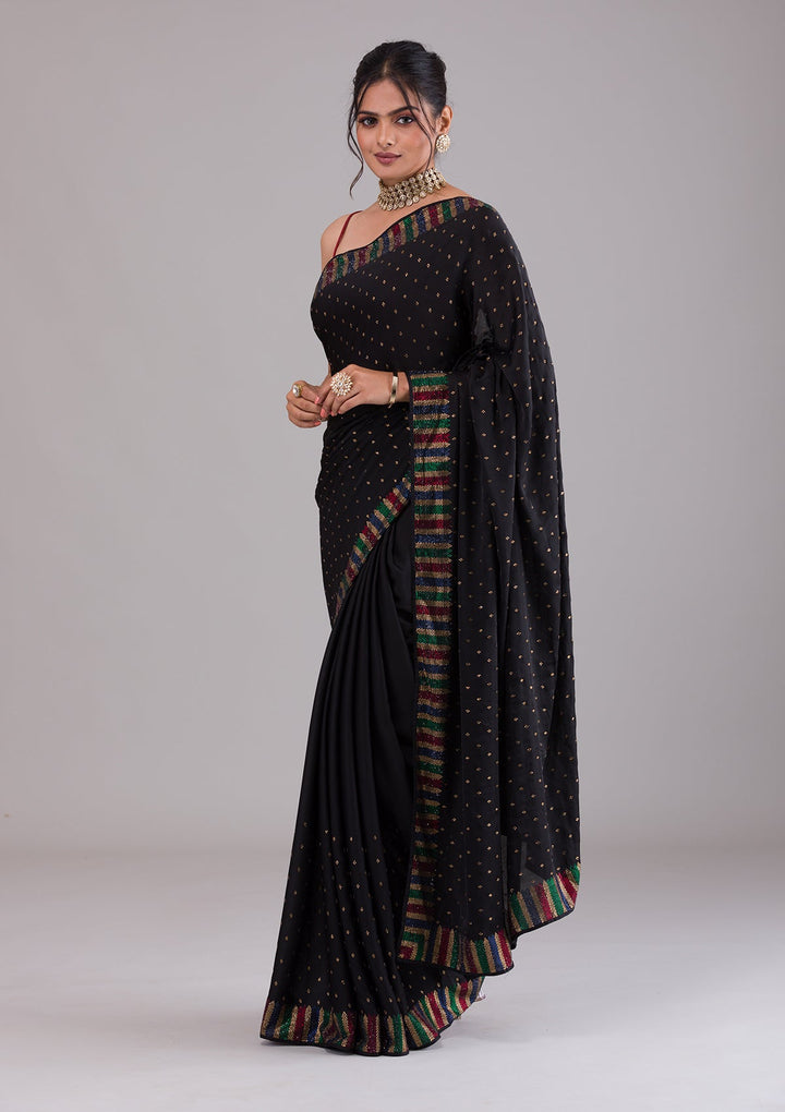 Black Swarovski Satin Saree-Koskii