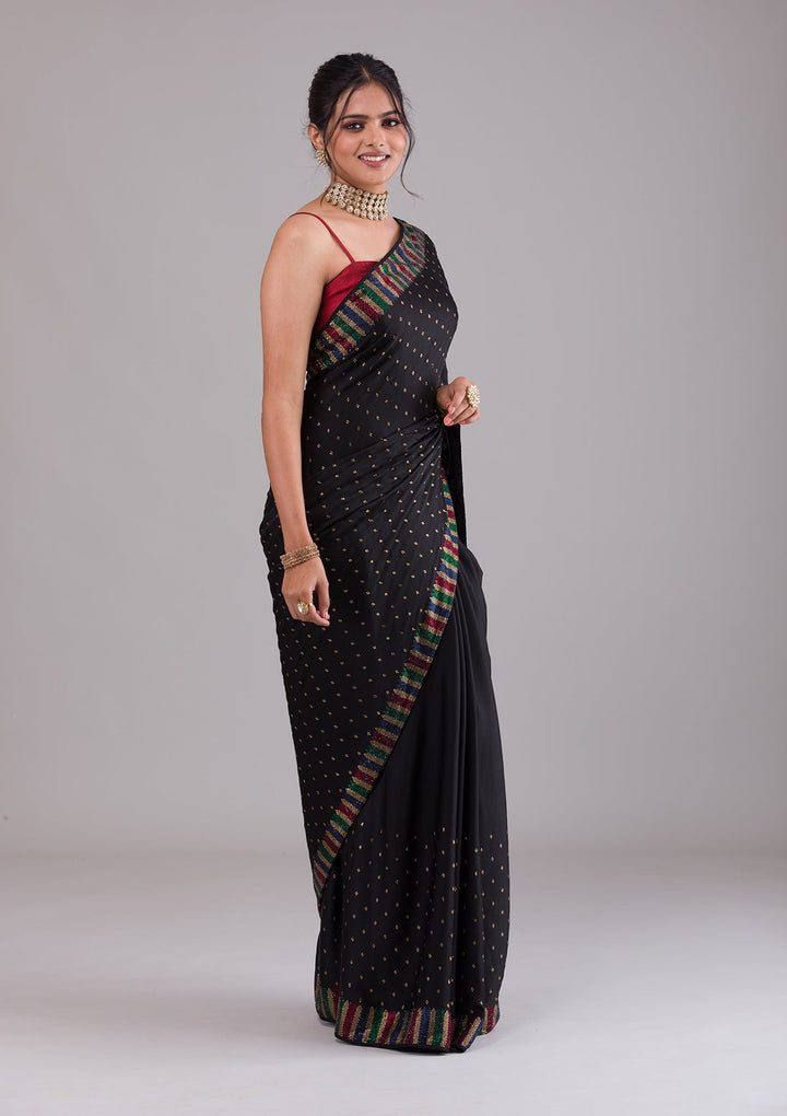Black Swarovski Satin Saree-Koskii