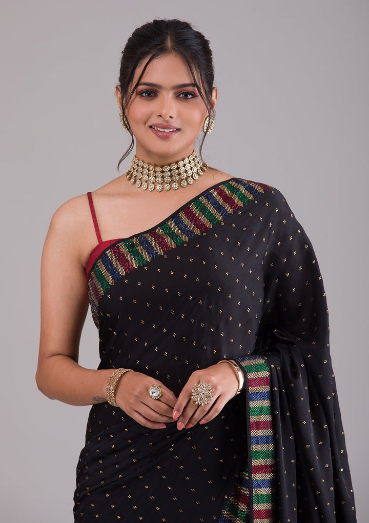 Black Swarovski Satin Saree-Koskii