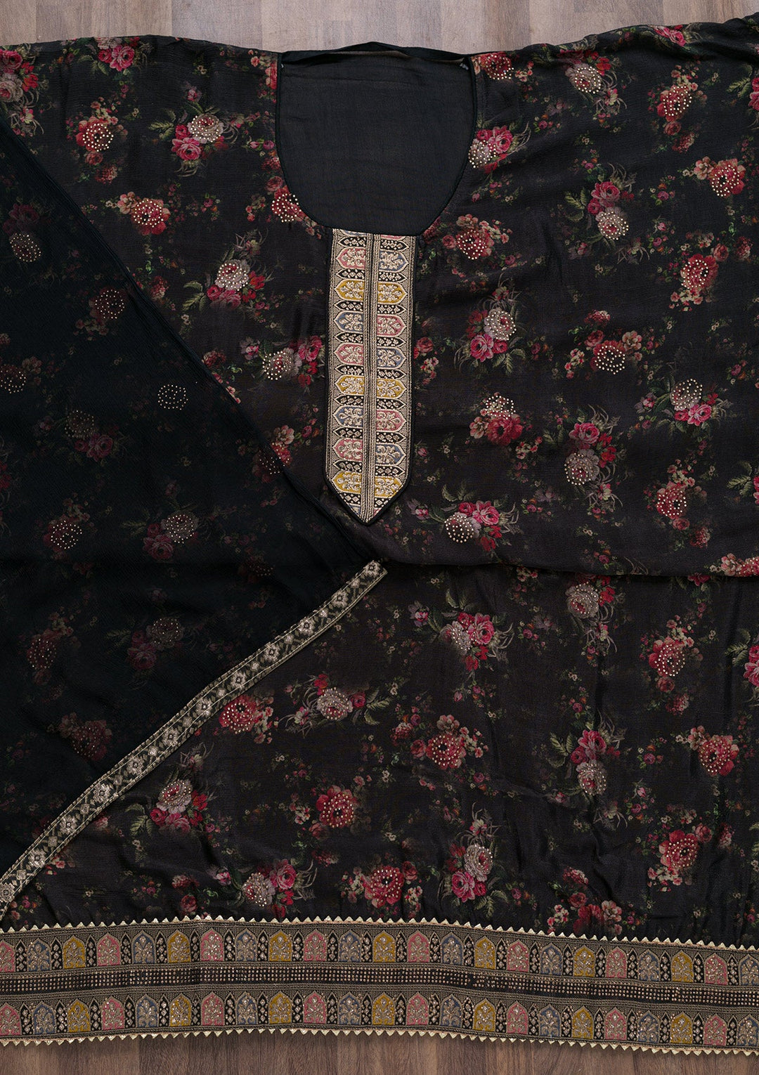 Black Semi Crepe Swarovski Unstitched Salwar Suit-koskii