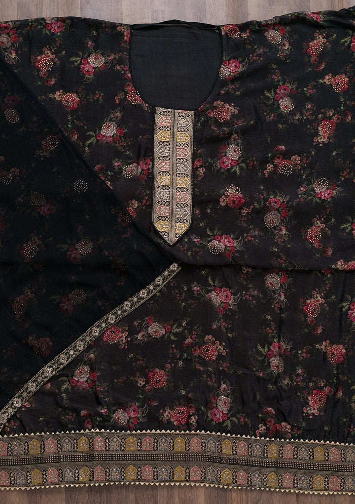 Black Semi Crepe Swarovski Unstitched Salwar Suit-koskii