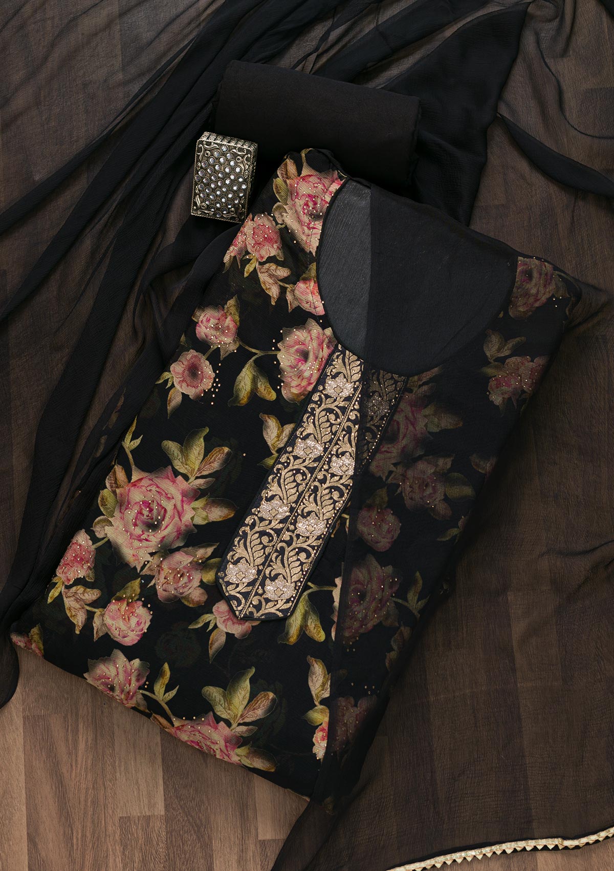 Black Semi Crepe Swarovski Unstitched Salwar Suit-koskii