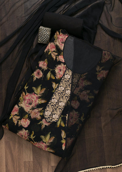 Black Semi Crepe Swarovski Unstitched Salwar Suit-koskii