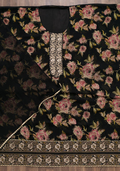 Black Semi Crepe Swarovski Unstitched Salwar Suit-koskii