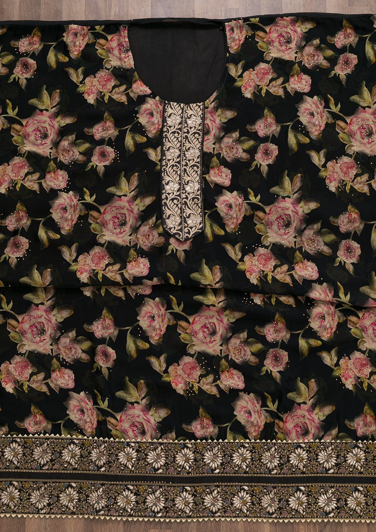 Black Semi Crepe Swarovski Unstitched Salwar Suit-koskii