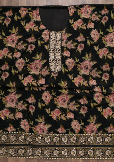 Black Semi Crepe Swarovski Unstitched Salwar Suit-koskii