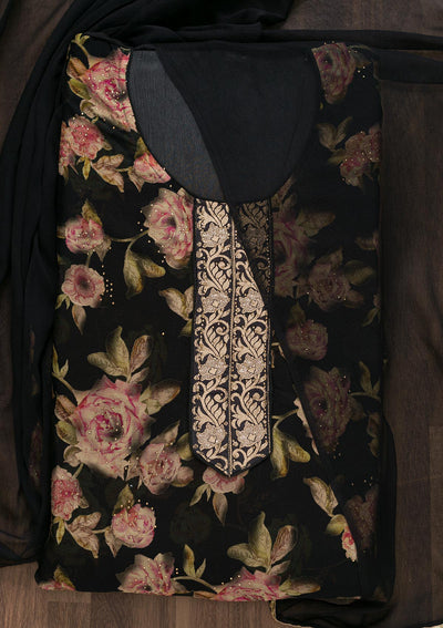Black Semi Crepe Swarovski Unstitched Salwar Suit-koskii