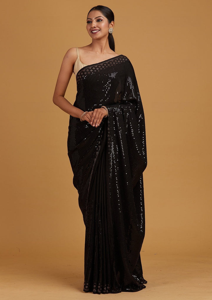 Black Swarovski Semi Crepe Designer Saree - Koskii