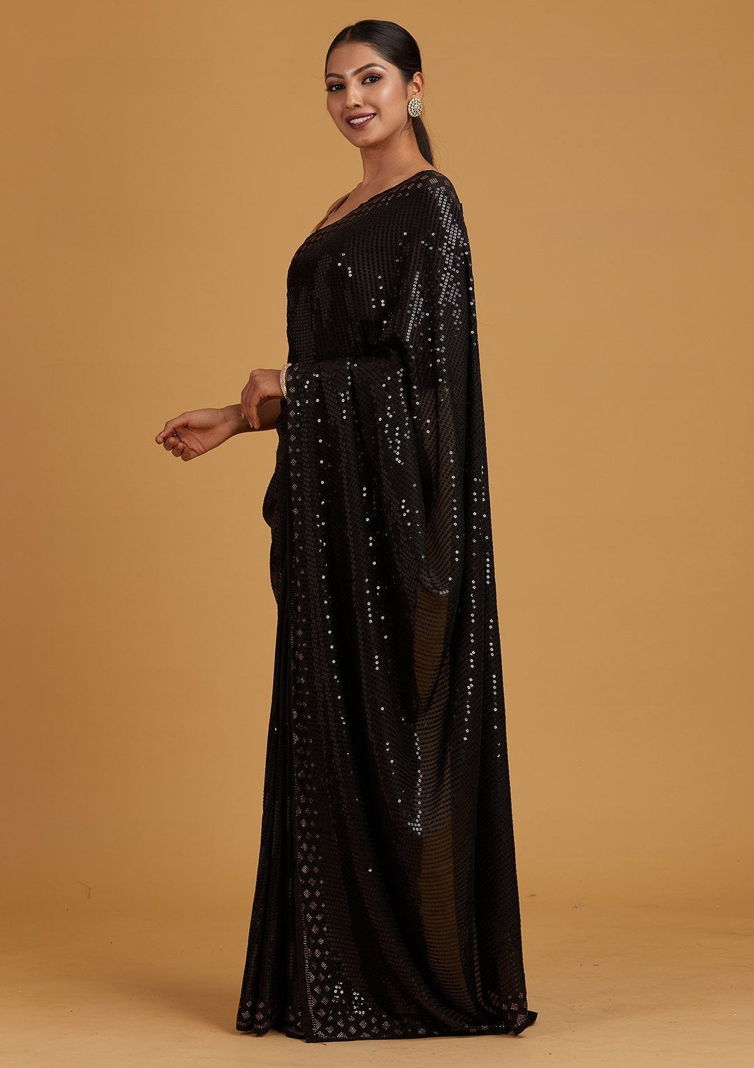 Black Swarovski Semi Crepe Designer Saree - Koskii