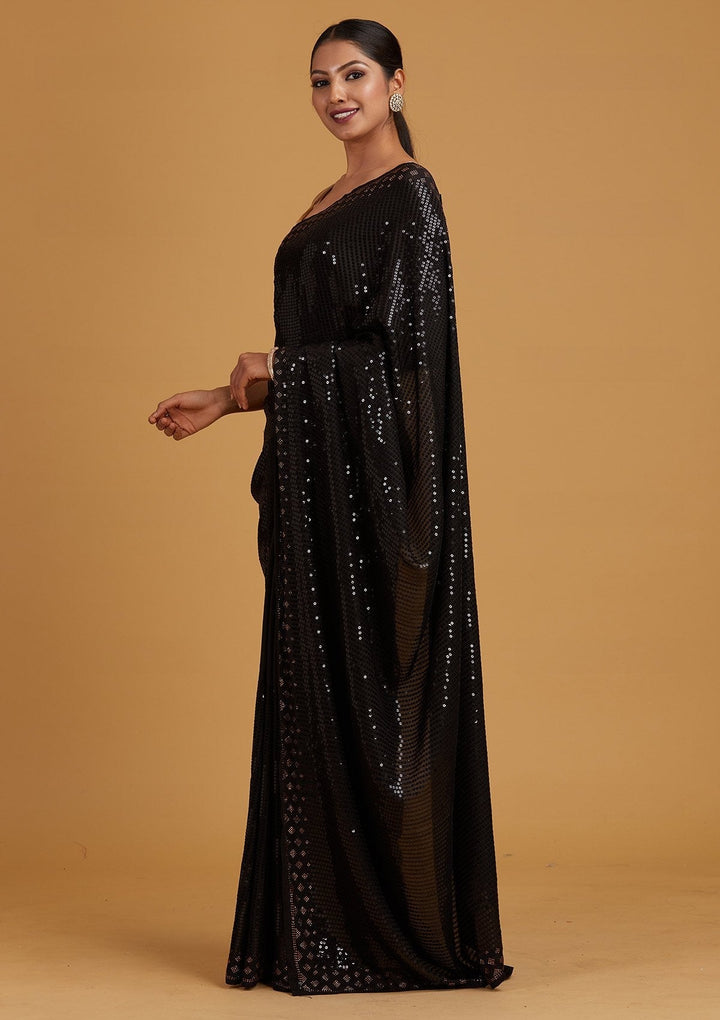 Black Swarovski Semi Crepe Designer Saree - Koskii