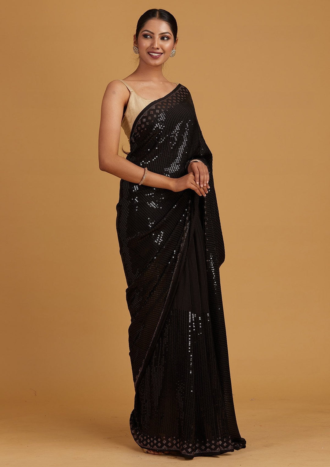Black Swarovski Semi Crepe Designer Saree - Koskii