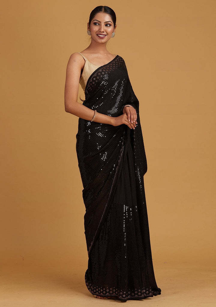 Black Swarovski Semi Crepe Designer Saree - Koskii