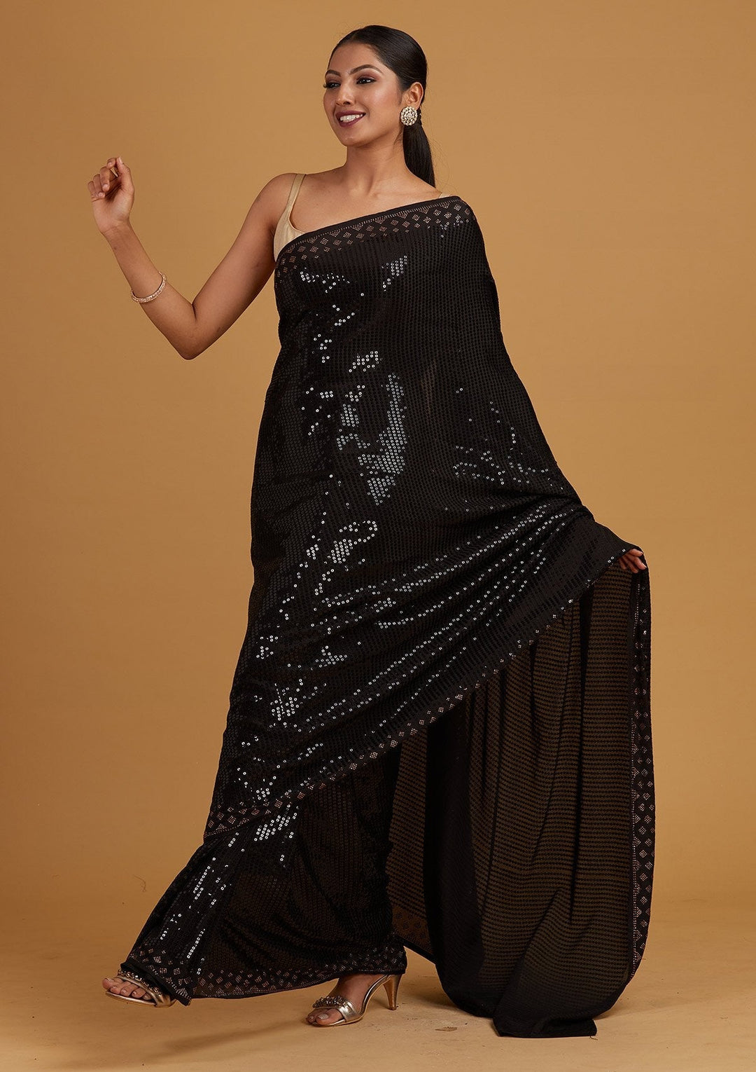 Black Swarovski Semi Crepe Designer Saree - Koskii