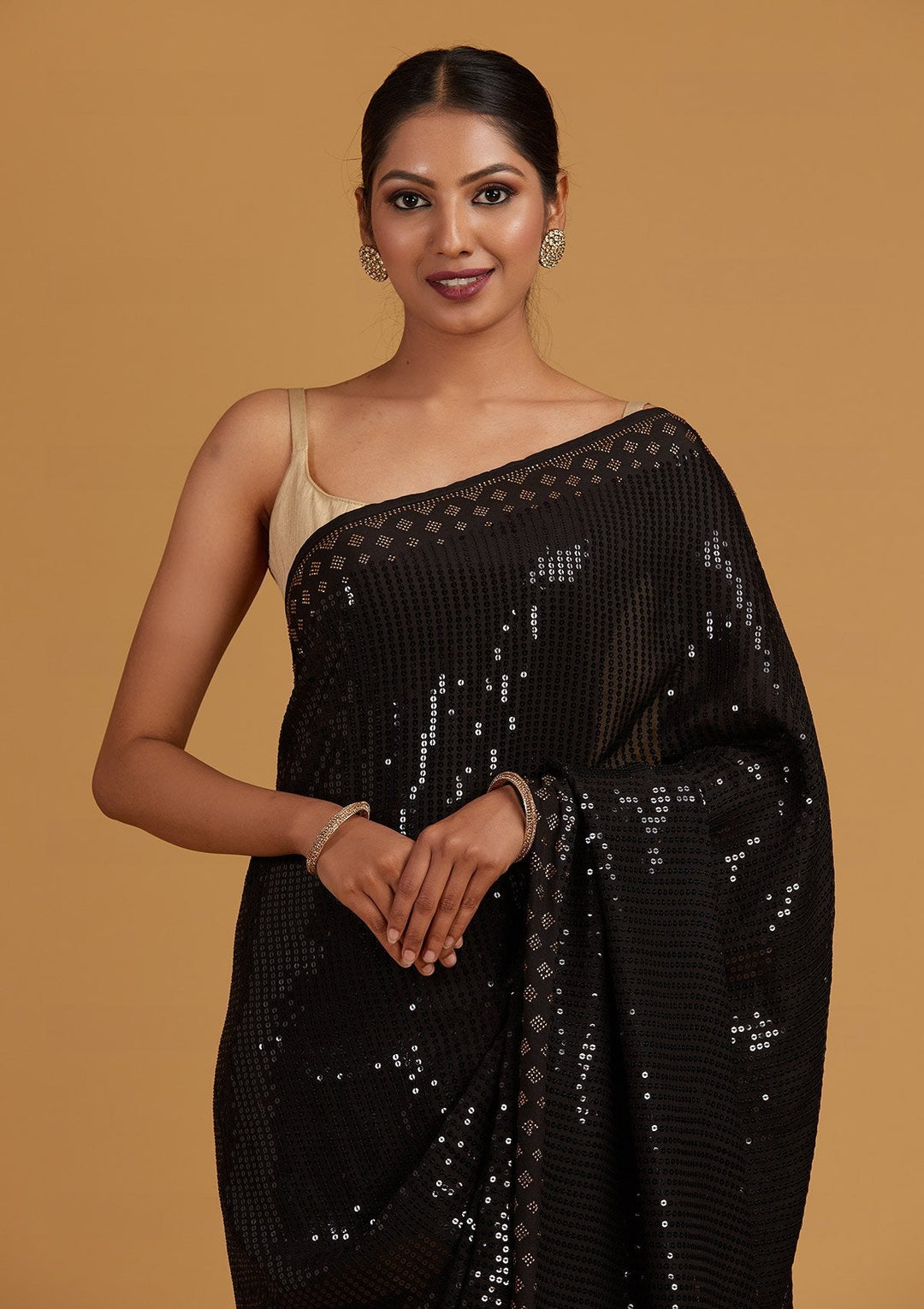 Black Swarovski Semi Crepe Designer Saree - Koskii