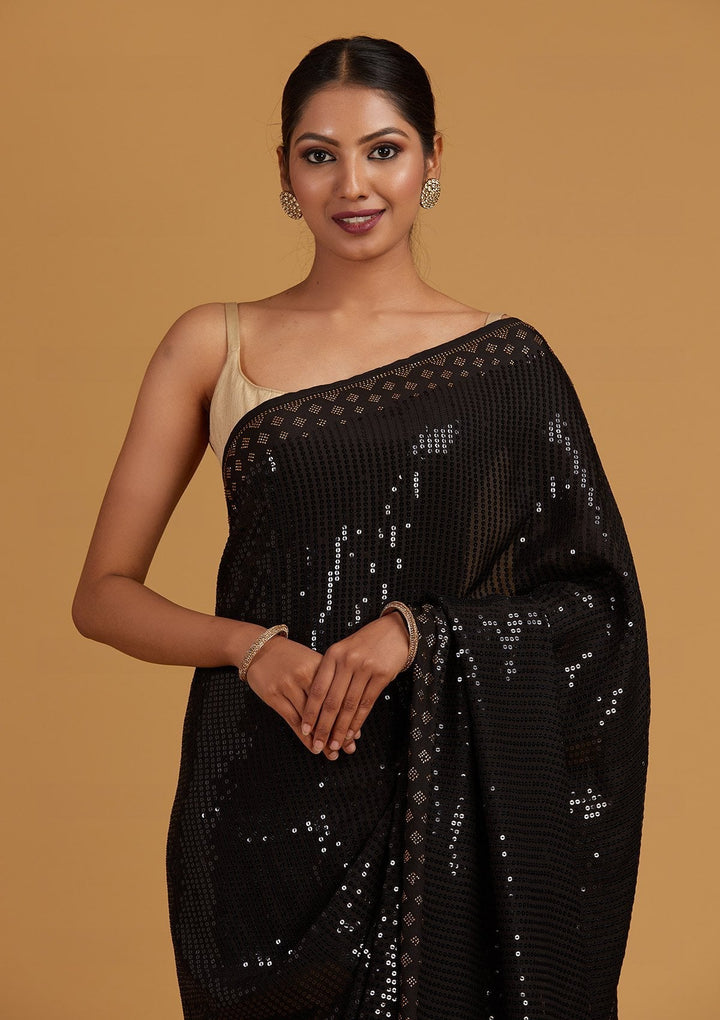 Black Swarovski Semi Crepe Designer Saree - Koskii