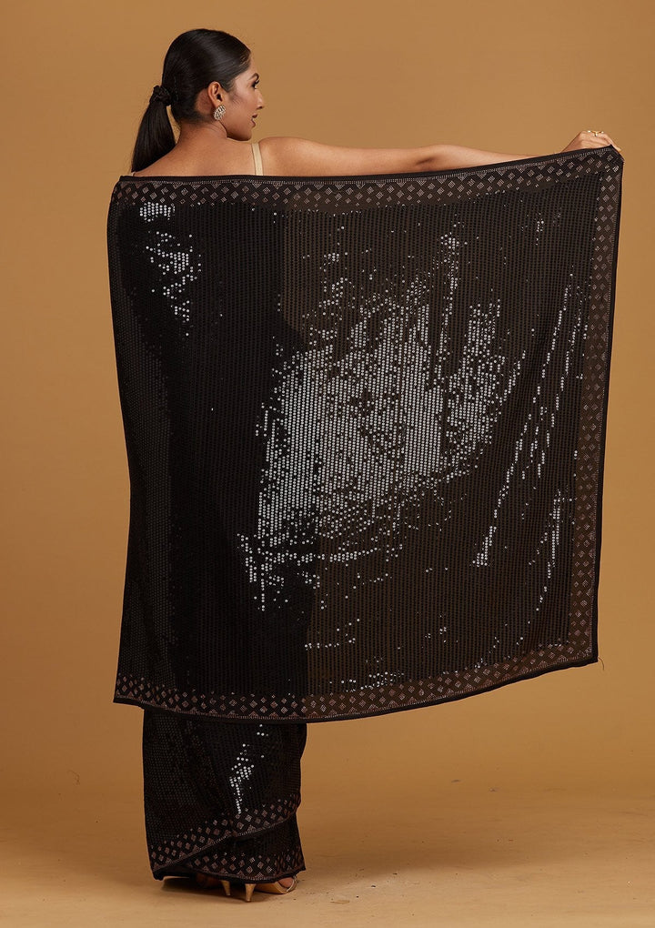Black Swarovski Semi Crepe Designer Saree - Koskii