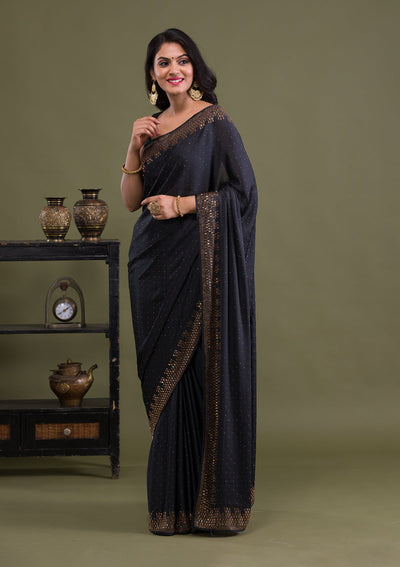 Black Swarovski Semi Crepe Saree-Koskii