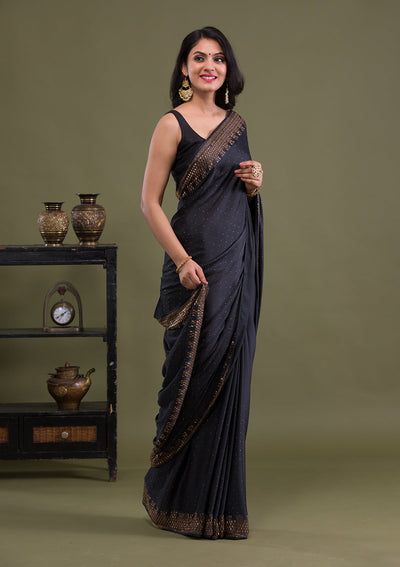 Black Swarovski Semi Crepe Saree-Koskii