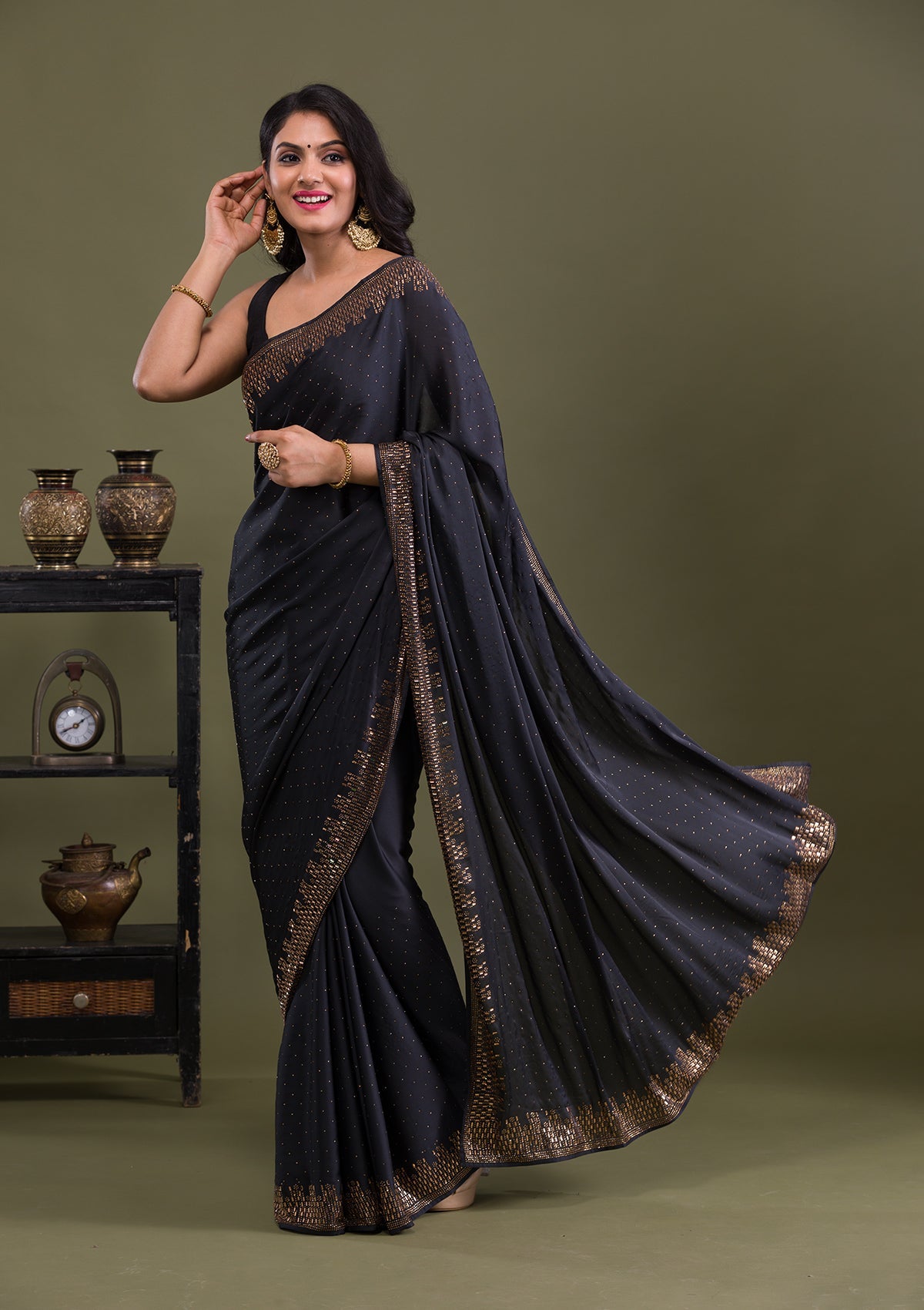 Black Swarovski Semi Crepe Saree-Koskii