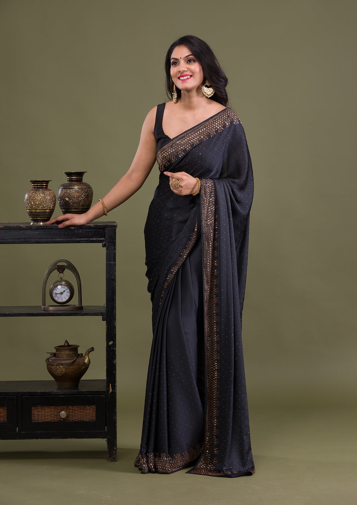 Black Swarovski Semi Crepe Saree-Koskii