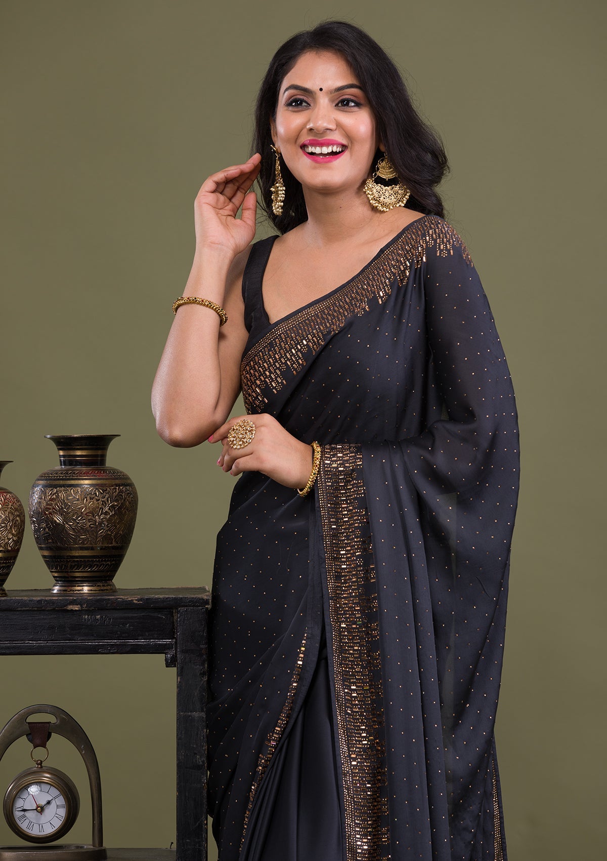 Black Swarovski Semi Crepe Saree-Koskii